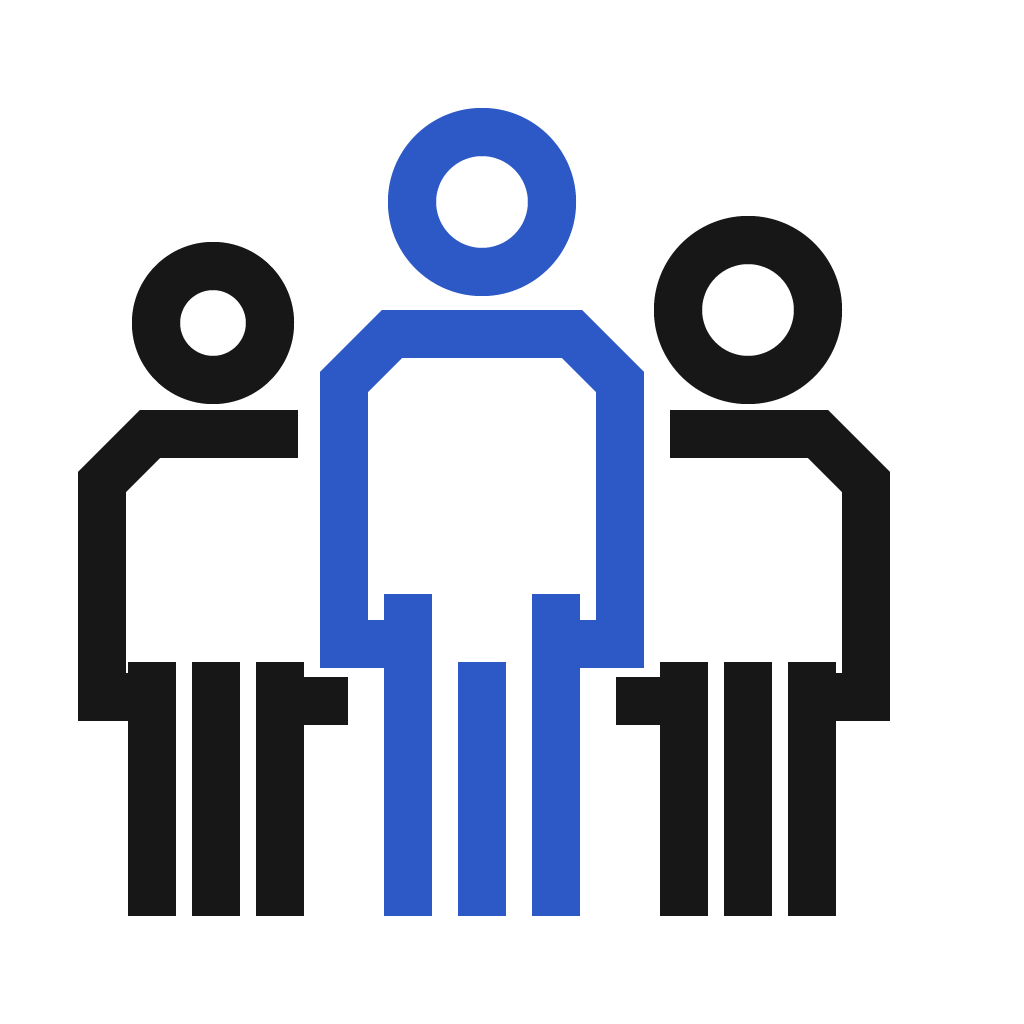 Icon: Group of 3 people, central figure in blue.