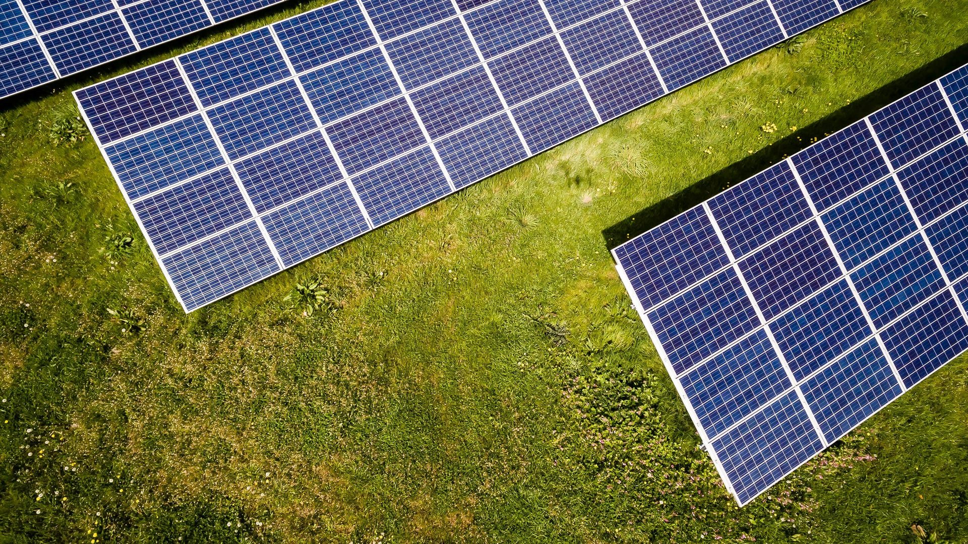 Aerial view of solar panels on green grass.