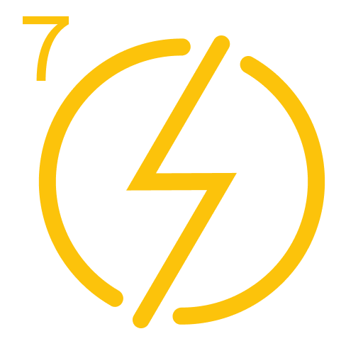Yellow lightning bolt in circle, with small '7' in top left, on green background.
