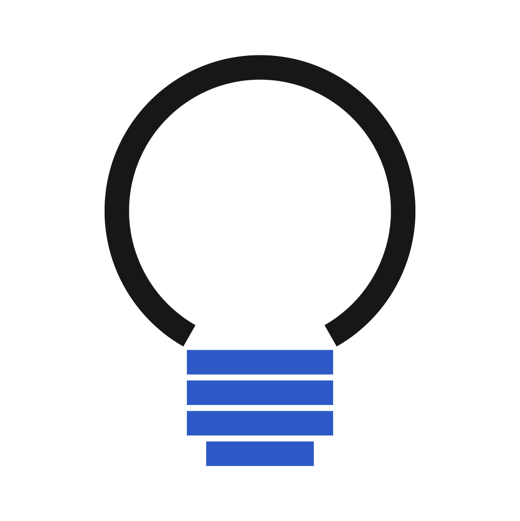 A stylized lightbulb icon with a black circular top and a blue striped base.