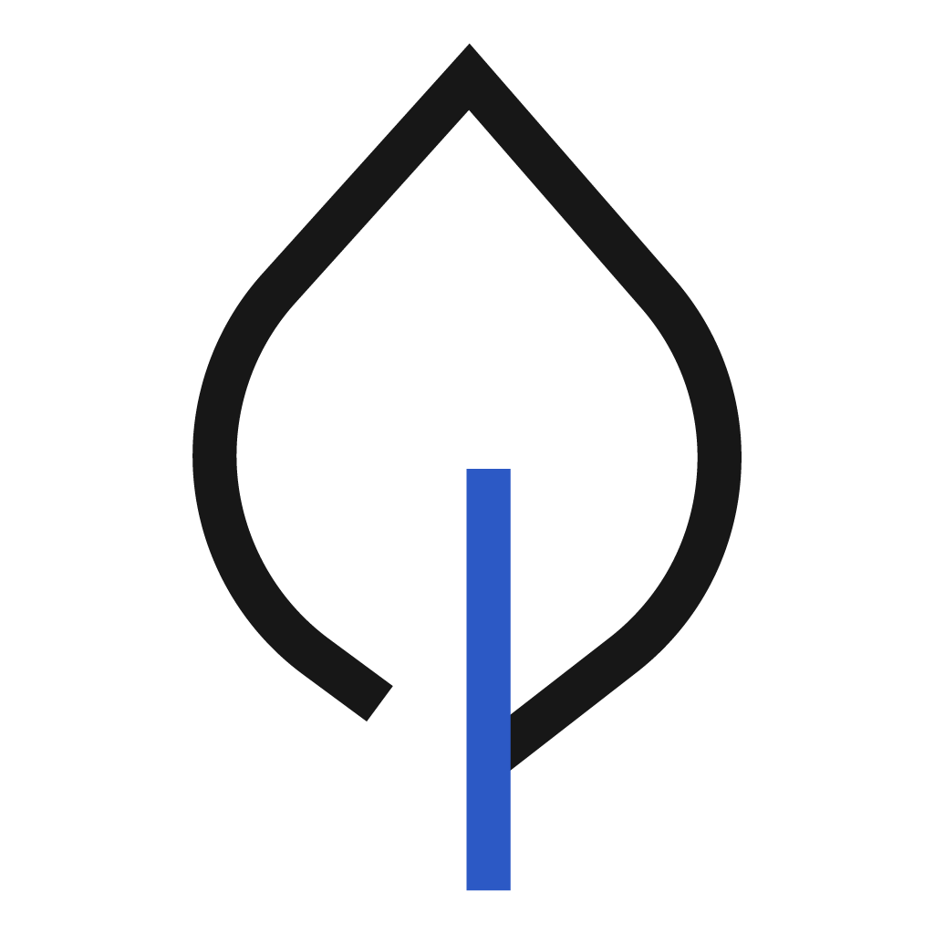 Stylized gray leaf outline with blue line.